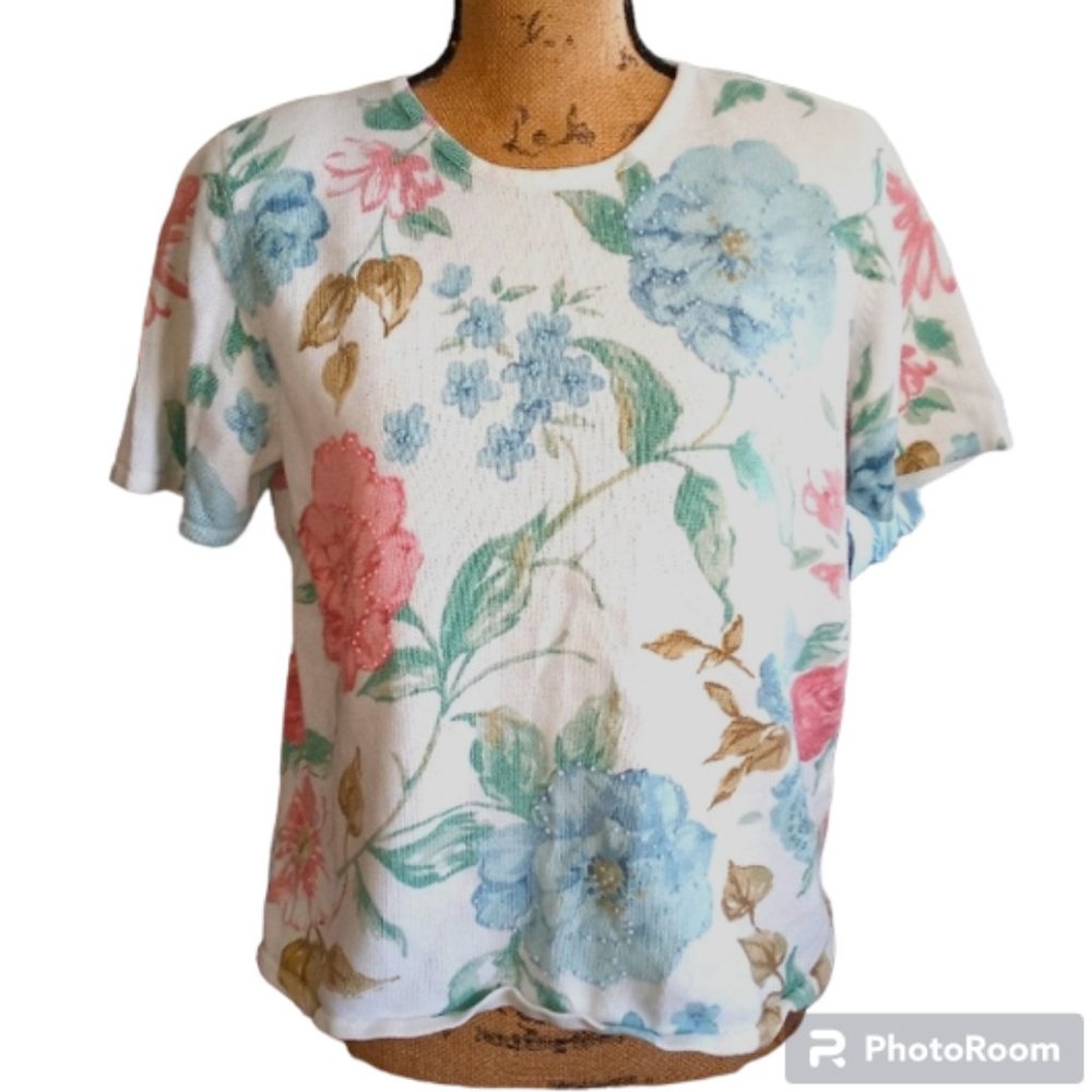 Vtg Beaded White Floral Crop Sweater w/Sequins Assed to Flowers M